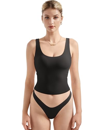 SUUKSESS Women Scoop Neck Tank Top Summer Sleeveless Going Out Double Lined Basic Tops