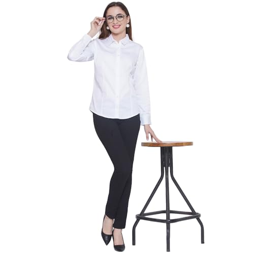 Image of Women's Cotton Solid Long Sleeve Shirt - Formal & Casual Button-Down Long Sleeve Collared Top for Office, Workwear 100% Soft Breathable Cotton Fabric