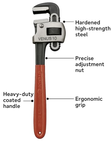 Image of Venus 10 inch Professional Pipe Wrench, Silver and Black with Brown Handle, Heavy Duty Steel, Adjustable Grip