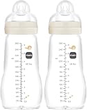 MAM Glasflasche, 2-4 Monate, 260 ml, mit Sauger 2 mit mittlerem Durchfluss aus Silikon, leicht zu reinigen, Feel Good, neutral, 1 Stück (Packung mit 2)