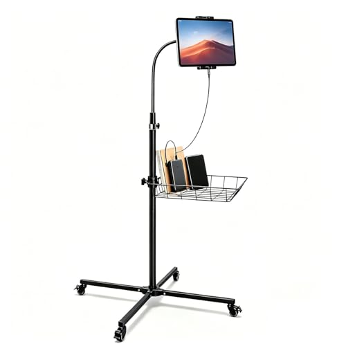 wishacc Rolling Tablet Floor Stand with Industrial Wheels & Storage Basket Adjustable Height Gooseneck Tablet Stand Floor Holder for iPad Pro 12.9 Air Mini Cell Phones (Large)