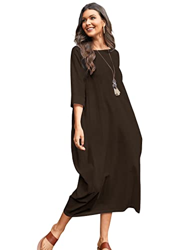 Image of Celmia Autumn Solid Loose Long Maxi Dress Cotton Caftan