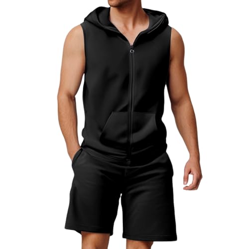 Survêtement d'été pour homme grande taille XXL avec capuche veste zippée ensemble léger noir
