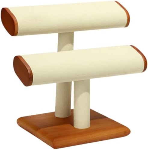 腕時計スタンド、木製、2〜4本収納、ボックス、アクセサリー無垢材ブレスレットラック、ジュエリーブレスレット、ヘアバンド、ジュエリーディスプレイカウンター、ディスプレイ (二重層,ベージュ)