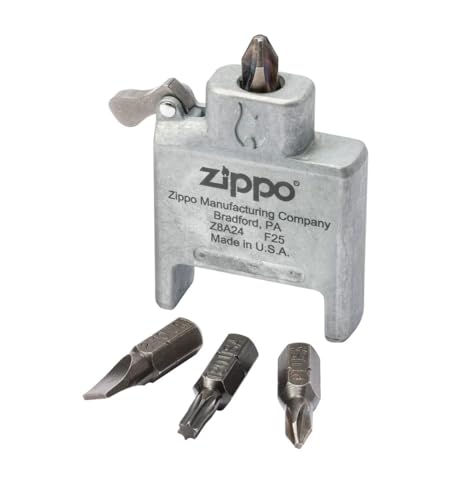 Zippo Schraubendreher Bit Safe Insert mit Brushed Chrome Gehäuse – 4-in-1 Einsatz – Magnetischer Bit-Halter – Kreuz-, Schlitz- und Torx-Bits – Made in USA