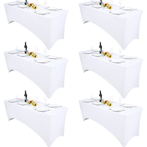 Pesonlook 6Pcs 6-Ft White Table Cover,Spandex Stretchable Elastic Tablecloth,Rectangular Cocktail Tablecloth, Anti-Wrinkle Tight Table Clothes Washable For Birthday Party/Wedding/Craft Exhibitions #TOP11