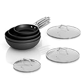 MsMk Non Stick Pans Set 7-Piece, 8, 10, 12 Inch Frying Pans and 12 Inch Induction Wok with Tempered Glass Lids, PRO Heat Distribution, Stay-Cool Handles, Oven Safe 700℉, Compatible with All Cooktops