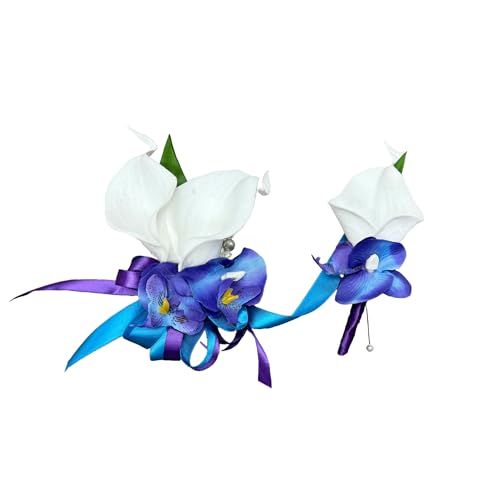 Angel Isabella Beautiful Wrist Corsage and Boutonniere Set-Tropical Artificial Keepsake Orchid Calla Lily Malibu Turquoise Purple Theme