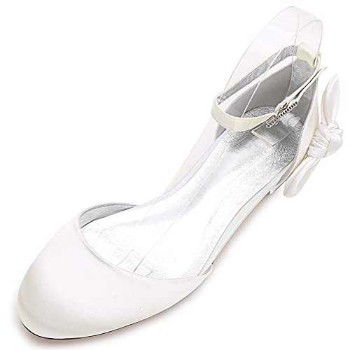 Brautschuhe Flache Damen Mode Beiläufig Runde Zehen Knöchelriemen Ballerinas Party Hochzeit Schuhe,Elfenbein,44 EU Cover