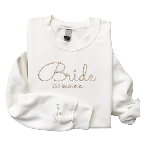 GodLover Personalized Embroidered Bride EST Sweatshirt, Custom Mrs. Last Name On Sleeve,Mrs Bride And Groom Engagement Wedding Gifts, Future Mrs Hoodie, Engagement Gift Black
