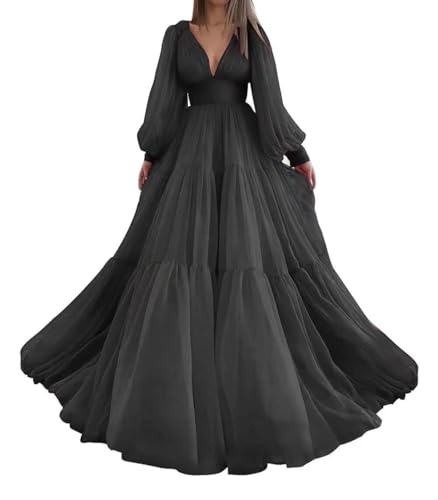 Long Ruched Dresses for Women Formal Tulle Evening Princess Gown V Neck Puffy Sleeve Ball Gown Black