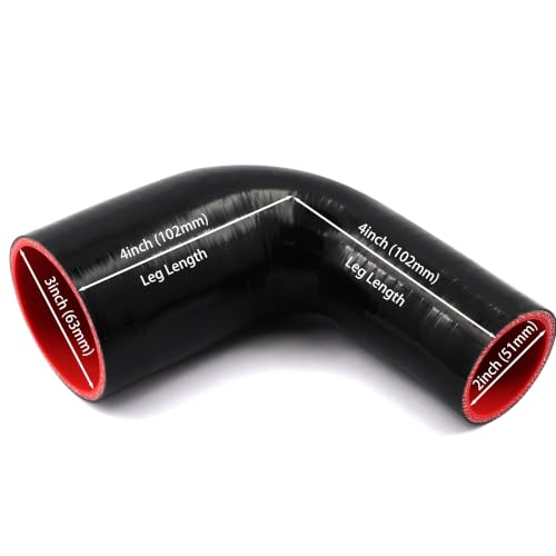 Image of Silicone Hose 2 to 3 inch Elbow Coupler 90 Degree 4 Ply Reducer Leg Length 4 inch (102mm) Pipe for Turbo Intake Intercooler Radiator with 2 PCS T-Bolt Clamps