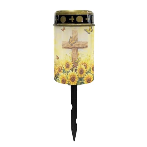 Image of Solar Lights Outdoor Waterproof Cross Sunflower Print Cemetery Garden Lights for Grave Flameless Lamp Candles for Outdoor Decoration