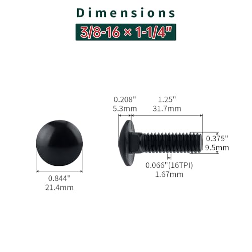 Image of 3 /8-16 x 1-1 /4 inch Black Carriage Bolts with Nuts and Washers Kits (10 Sets), 304 Stainless Steel 18 /8, Black Finish, Round Head, Square Neck, Heavy Duty Bolts, Indoor Outdoor Fastening Bolts, Fayeploo