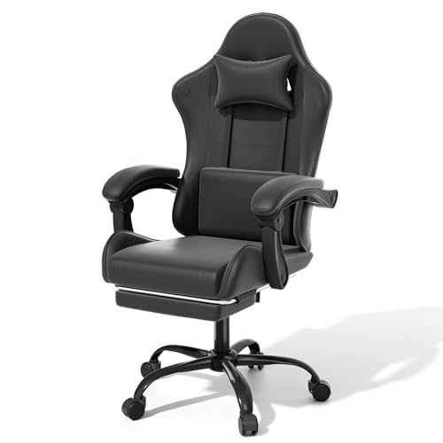 MoNiBloom Gaming Chair with Footrest High Back Video Game Chair with Headrest & Lumbar Support Height Adjustable Leather Swivel Computer Chair for Adult Teen Office or Gaming, Black