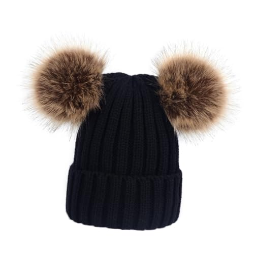 Knitted Hat for Warm Earflap Beanie with Fluffy Balls for Years Unisex Stylish Design Black for Outdoor Activities