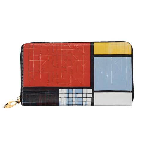(Composition in Red Yellow Blue and Black) Faux Leather Wallet Long Clutch Zipper Purse Card Holder Travel Coins Cash Organizer Phone Pocket 7.48 x 4.13 x 0.9 inches