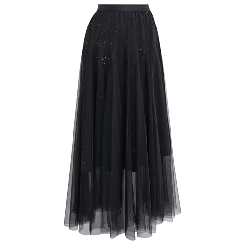CHICWISH Women Glitter Mesh Tulle Midi Skirt A-Line High Waist Flowy Holiday Party Casual Sparkly Shimmer Fairy Skirt4