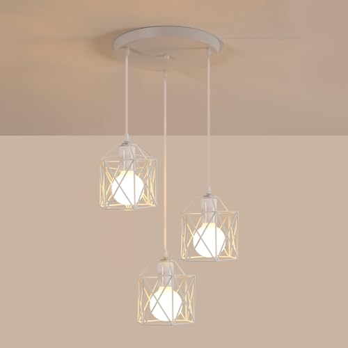Lampadario a Sospensione Vintage, 3 Luci E27 Lampada da soffitto Industriale Metallo Bianco, Lampade a Sospensione Moderne Regolabile per Soggiorno Corridoio Sala da Pranzo Cucina Camera da Letto