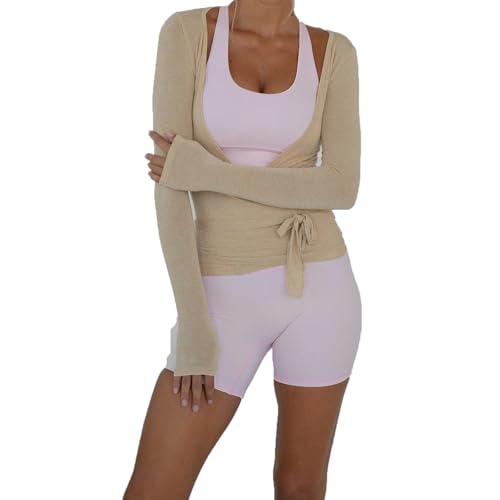 Image of RUIWANBBY Women Deep V-Neck Long Sleeve Cross Wrap Top Sexy Slim Fit Casual Cropped Top Yoga Gym Bandage Workout Tie T Shirts (B-Light Brown, S)