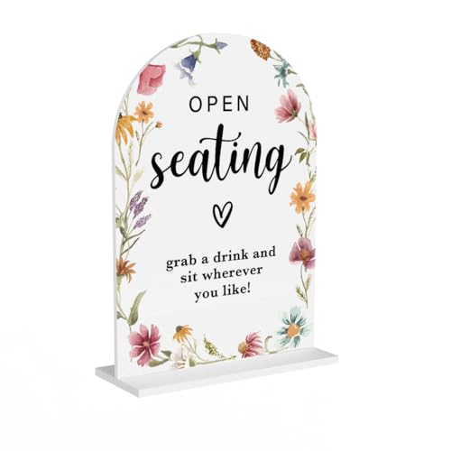 Acrylic Wedding Sign Open Seating Signs for Ceremony Modern Calligraphy Arch Acrylic Table Top Signs for Wedding Reception and Event Party Table Decor (White Wildflowers)