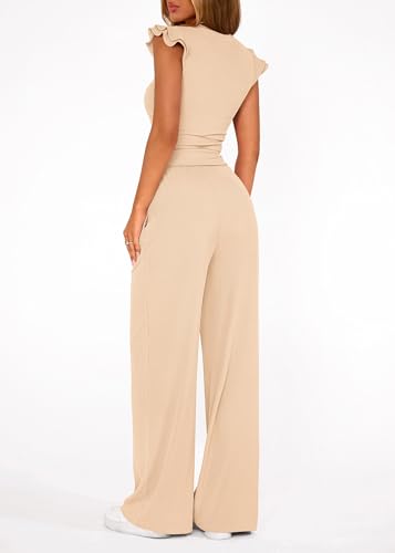 KIRUNDO Summer Outfits For Women 2026 Two Piece Set Ribbed Cap Sleeve Crop Top Wide Leg Pants Spring Matching Lounge Sets(Beige, X-Large) — view 2
