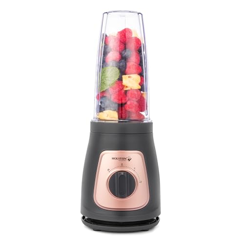 Holstein Housewares Personal Blender – 25 oz Travel Jar, Two-Speed Knob with Pulse Function, Stainless Steel Blades, Compact & Portable, Cool Grey/Rose Gold