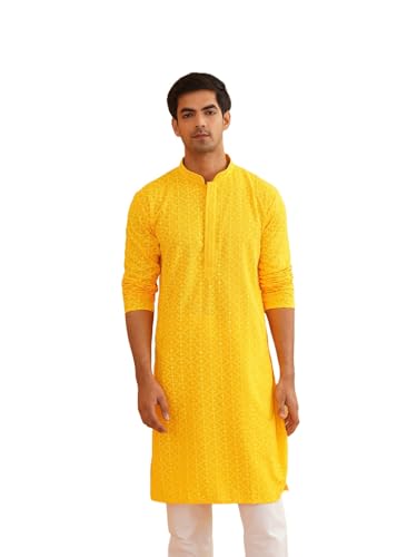 Sojanya (Since 1958 Men'S Ethnic Motifs Embroidered Sequinned Mustard Cotton Long Kurta