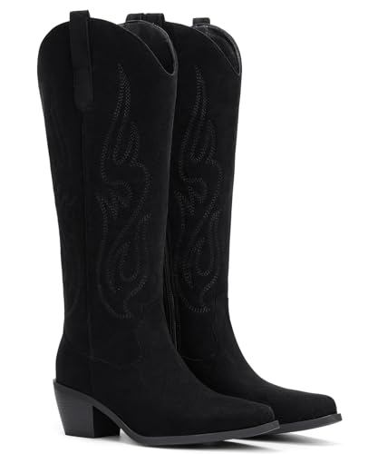 Image of Pasuot Western Cowboy Boots for Women - Knee High Wide Calf Cowgirl Boots, Slip On Pointed Toe Chunky Heel Fashion Retro Classic Pull On Tall Boot for ladies Party concert