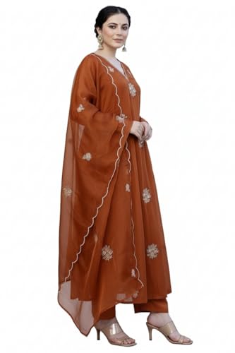 Image of Nermosa Women Embroidery Solid Anarkali Kurta and Pant Set with Dupatta