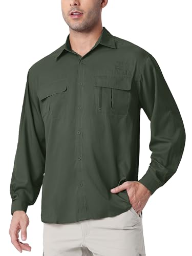 Camisa masculina FPS 50+ UV de manga comprida com proteção solar FPS com botões de secagem rápida, r