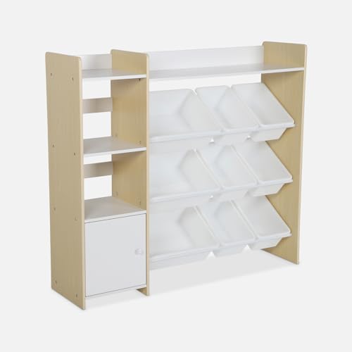 sweeek - Meuble de Rangement Enfant. Naturel. 9 bacs de Rangement. 4 étagères. 1 Porte
