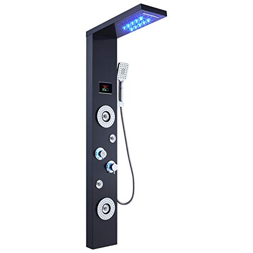 Image of ELLO&ALLO LED Rainfall Waterfall Shower Head Rain Massage System with Body Jets Stainless Steel Bathroom Shower Panel Tower System, Brushed Black