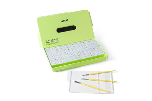 Image of HIMI - Gouache Paint - Gift Set with Bag - includes 12g Twin Cup set 72 colours | Palette | Painting Pointed Knife | Foldable water Bucket | Gouache Paper Pad 50 Pages - Green Apple Plastic Case