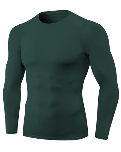 Yuerlian Dark Green Mens Long Sleeve Compression Shirt Quick Dry Running Base Layer Top Sun Protection T-Shirt Sports Fitness Exercise Gym Workout
