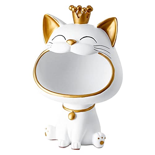 Prettyia Figurina di Gatto Fortunato Dalla Bocca Grande, Portaoggetti in Resina con Chiave a Forma di Animale, Organizzatore di Snack - Bianco