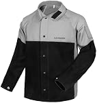 LeaSeek Veste de soudure Manches en cuir résistant à la flamme, coton & Vestes en cuir pour hommes femmes, gris & noir