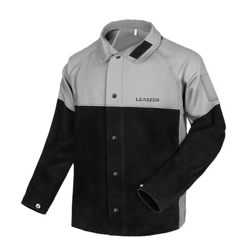 LeaSeek Veste de soudeur avec manches en cuir, combinaison de coton ignifuge et de cuir Veste de protection pour la soudure, gris, M-L