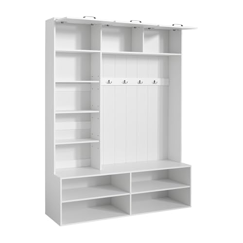 Image of 5-in-1 Hall Tree with Bench, Entryway Storage Organizer Cabinet, White