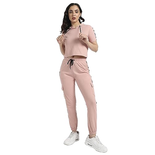 Image of PINACOLADA Women's Hooded Co-Ord Set With Contrast Piping For Casual Wear | Hooded Neck | Short Sleeve | Drawstring Closure | Cotton Co-Ords Crafted With Comfort Fit For Everyday Wear