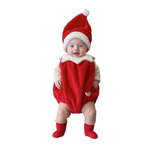 Generisch Macacão de Natal para recém-nascido, cor sólida bonita, com gorro de Natal, fato de manga curta para bebé, Vermelho, 0-3 meses
