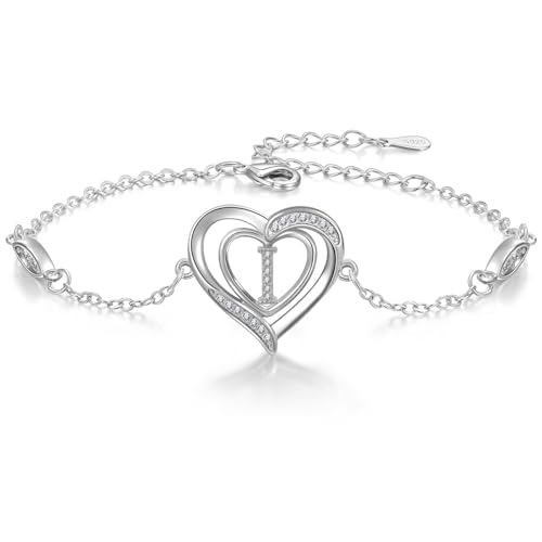 Cosie Lily Pulsera de mulher, prata de lei 925 com coração inicial A-Z, presentes de joias, aniversário, dia dos namorados, Natal, dia da mãe, para mães, esposas, irmãs, bracelete prateado, Prata