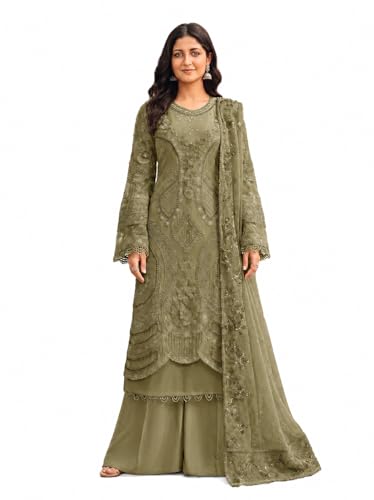 Image of RUDRAPRAYAG Women's Georgette Fabric Wih Embroidered Sequence Work And On Neck Moti Hand Work Semi Stitched Sharara Salwar Suit With Dupatta Set