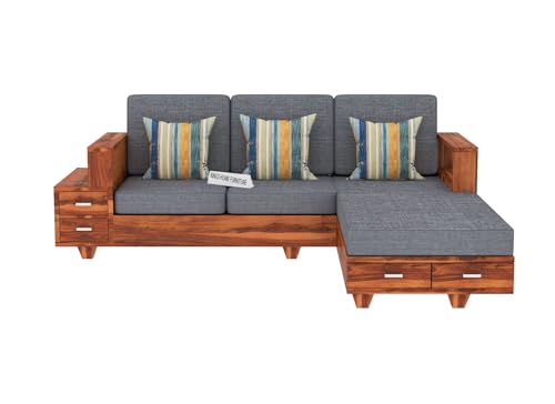 Image of Sheesham Wood 4 Seater L Shape Sofa Set with 2 Drawer Storage | 3+1 Wooden Sofa Set Furniture for Living Room Home Office (L Shape,Honey Finish)