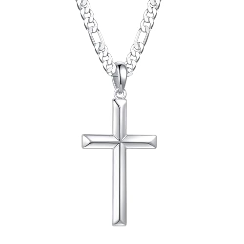 Collier TINGN en argent 925 avec pendentif croix pour homme, chaîne argent/noir avec pendentif croix plaqué or 18 carats pour homme, enfant, fils, 41 46 51 56 61CM, 61.0 Zentimeter, Argent sterling