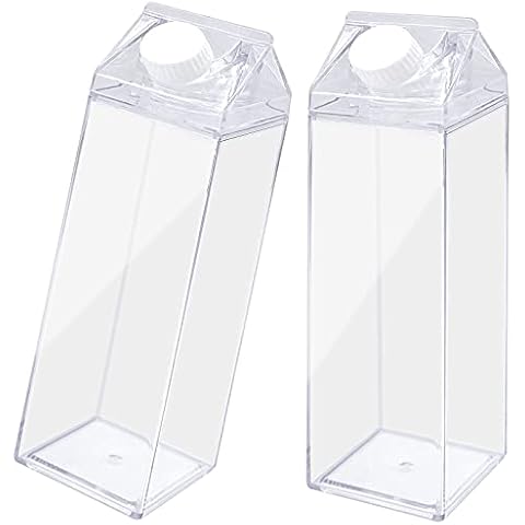 Cisolen Pack of 2 Transparent Milk Box Water Bottle Reusable Square Milk Bottle for Milk Drinks Juice (500 ml) Cover