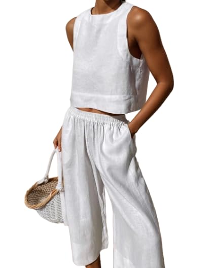 TIAFORD Women Linen Set Casual 2 Piece Outfits Matching Set Summer Solid Color Sleeveless Crop Top Wide Leg Pants Suits