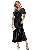 Simplee Women’s V Neck Velvet Maxi Dress Short Sleeve Empire Waist Long Formal Dress for Wedding Guest
