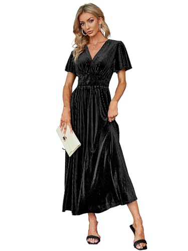 Image of Simplee Women's V Neck Velvet Maxi Dress Short Sleeve Empire Waist Long Formal Dress for Wedding Guest