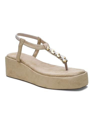 Image of TRYME T-Strap Embellished Wedges Heel Sandals for Women | Soft Suede Comfort Slip-On Sandals for Wedding, Festive & Elegant Styling